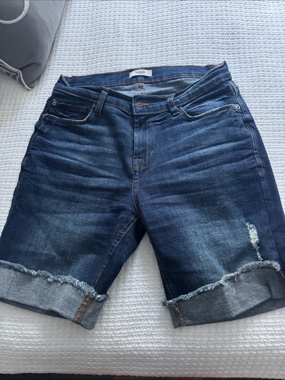 Kensie Dark Indigo Rolled Cuffed Denim Shorts with stretch.
